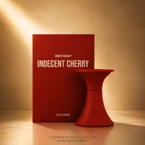Borntostandout Indecent Cherry Eau de Parfum 15 ml, packshot luxury con flacone rosso e confezione su sfondo dorato per Charme Profumeria