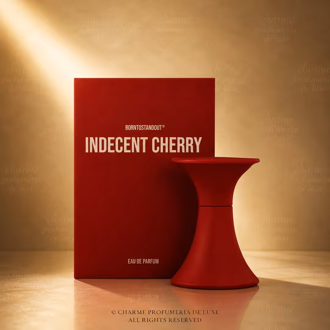 Borntostandout Indecent Cherry Eau de Parfum 15 ml, packshot luxury con flacone rosso e confezione su sfondo dorato per Charme Profumeria