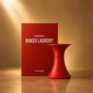 Borntostandout Naked Laundry Eau de Parfum 15 ml, packshot luxury con flacone rosso e confezione su sfondo dorato per Charme Profumeria