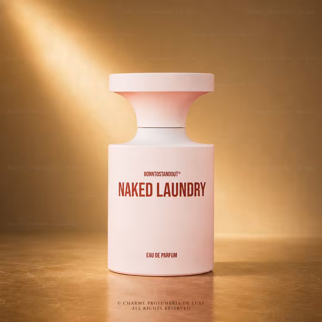 Borntostandout Naked Laundry Eau de Parfum 50 ml, profumo di nicchia in flacone rosa cipria con packshot luxury per e-commerce Charme