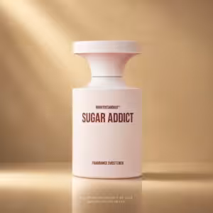 Borntostandout Sugar Addict Fragrance Sweetener 100 ml, profumo di nicchia in packshot premium su sfondo oro champagne