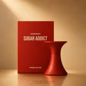 Borntostandout Sugar Addict Fragrance Sweetener 15 ml, packshot luxury con flacone rosso e confezione per e-commerce Charme