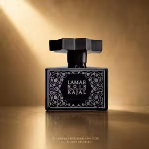 Kajal Lamar Noir Extrait de Parfum 100 ml packshot luxury per e-commerce Charme Profumeria de Luxe, flacone nero elegante su sfondo dorato