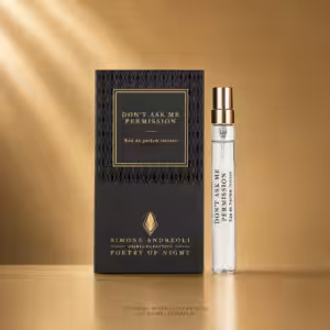 Simone Andreoli Don't Ask Me Permission Eau de Parfum Intense travel spray con box, packshot luxury per e-commerce Charme Profumeria de Luxe