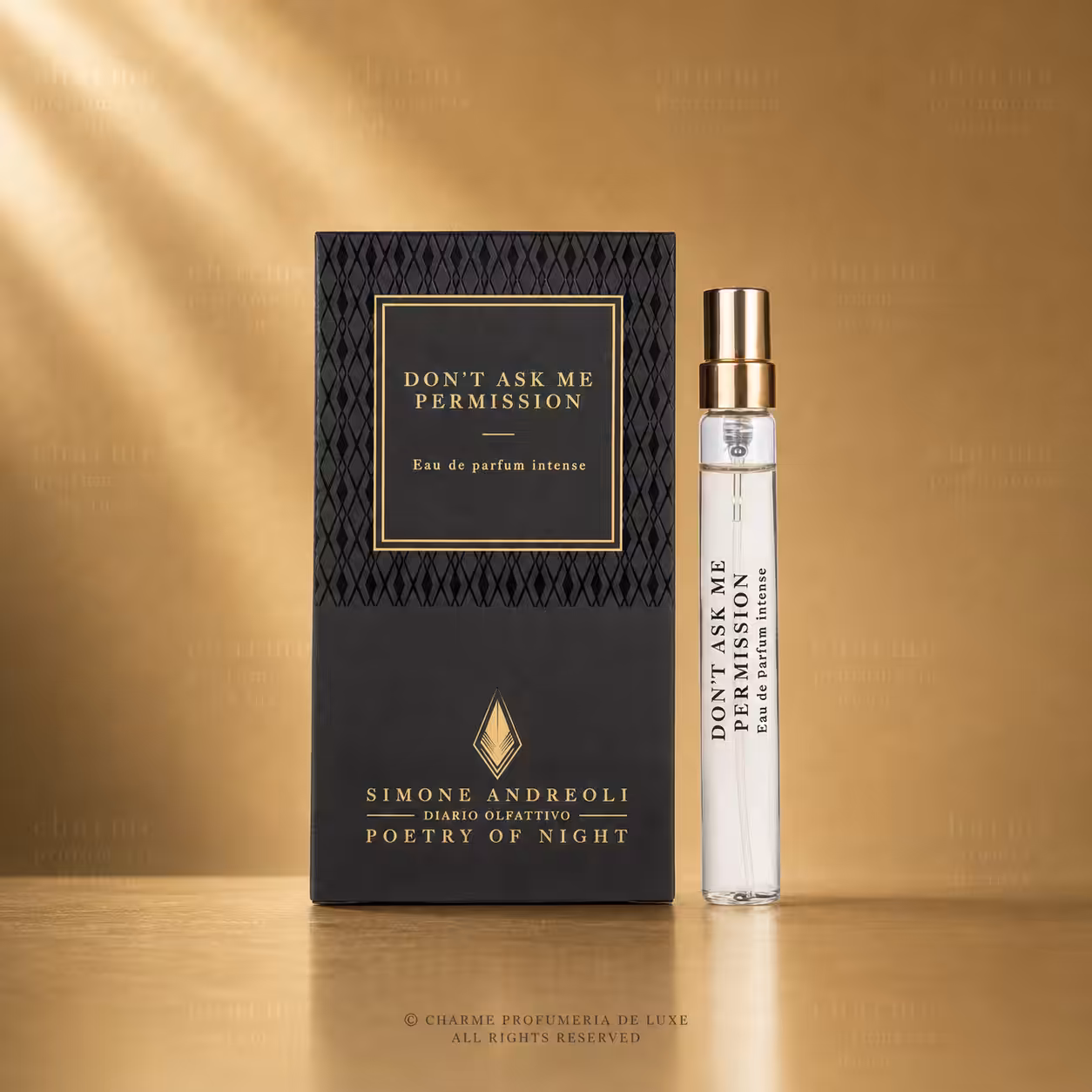 Simone Andreoli Don't Ask Me Permission Eau de Parfum Intense travel spray con box, packshot luxury per e-commerce Charme Profumeria de Luxe
