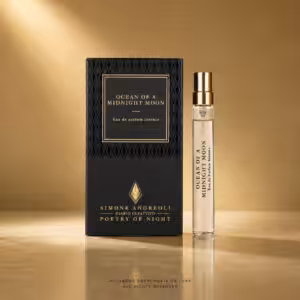 Simone Andreoli Ocean of a Midnight Moon Eau de Parfum Intense travel spray con box, packshot luxury per e-commerce Charme Profumeria de Luxe