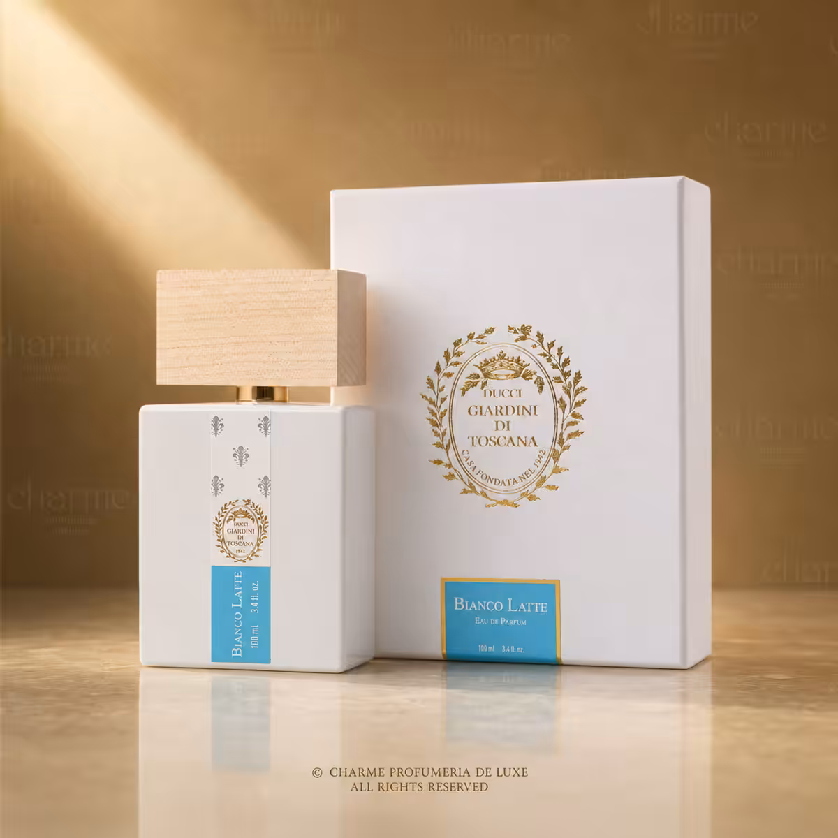 Giardini di Toscana Bianco Latte Eau de Parfum 100 ml con flacone bianco, etichetta azzurra e confezione su sfondo luxury