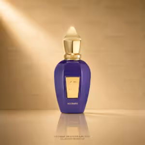Purple perfume bottle with gold cap and plaque showing an X, labeled 'ACCENTO' on a luxurious gold backdrop (advertising image).