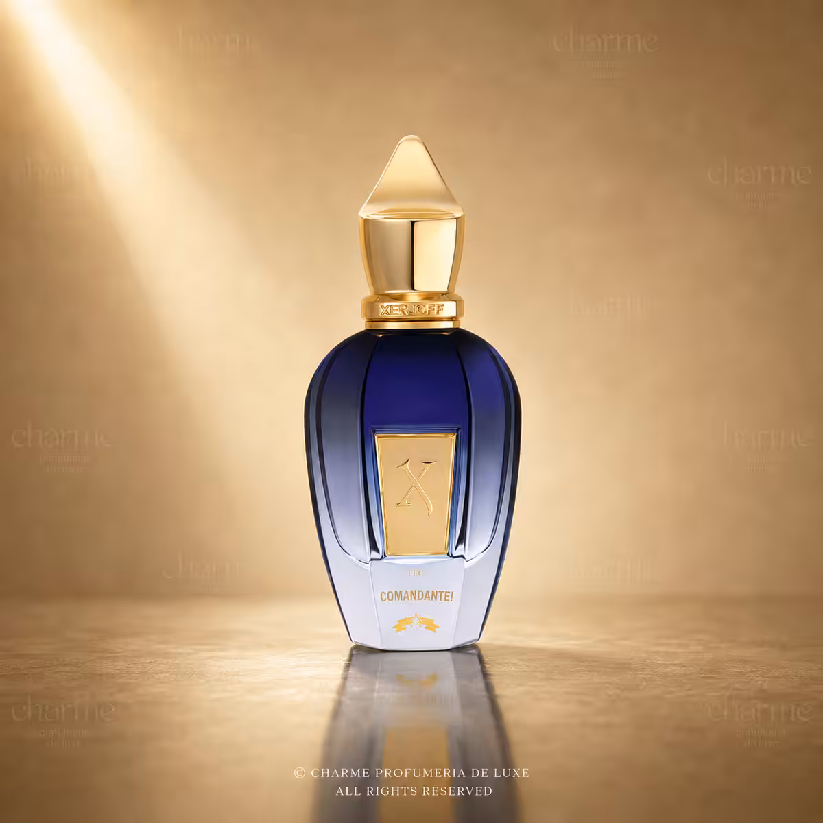 Xerjoff Comandante Eau de Parfum 50 ml, profumo di nicchia con flacone blu sfumato e dettagli dorati