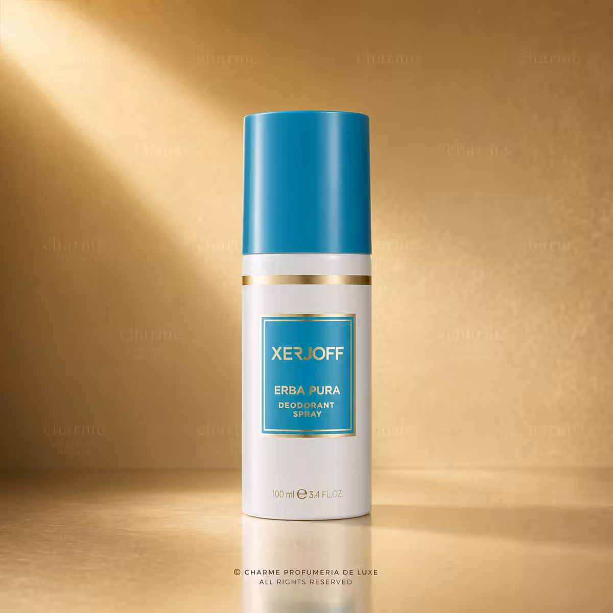 Xerjoff Erba Pura Deodorante Spray 100 ml, confezione bianca e turchese su sfondo luxury Charme Profumeria de Luxe