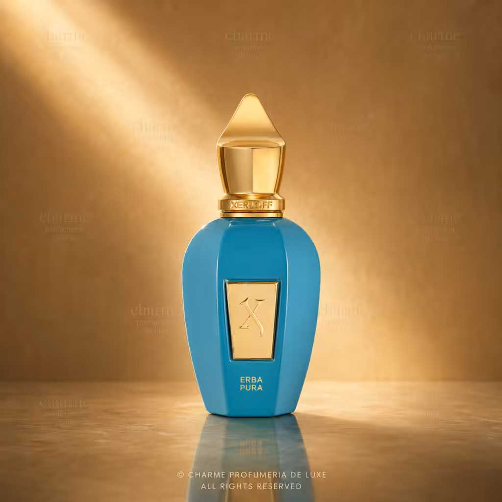 Xerjoff Erba Pura Eau de Parfum 50 ml, flacone turchese e oro su sfondo luxury Charme Profumeria de Luxe