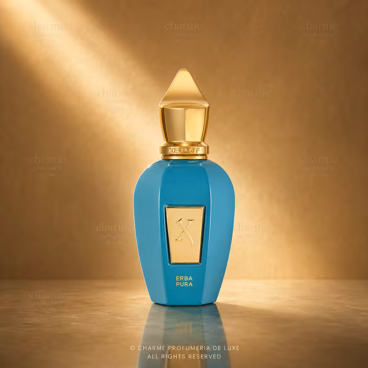 Xerjoff Erba Pura Eau de Parfum 50 ml, flacone turchese e oro su sfondo luxury Charme Profumeria de Luxe
