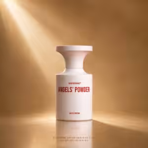 Borntostandout Angels’ Powder Eau de Parfum 50 ml, profumo di nicchia in packshot luxury su sfondo oro champagne per Charme Profumeria de Luxe