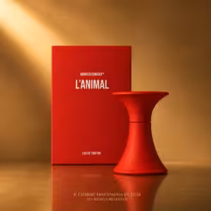 Borntostandout L’Animal Eau de Parfum 15 ml, packshot luxury con flacone rosso e confezione su sfondo oro champagne