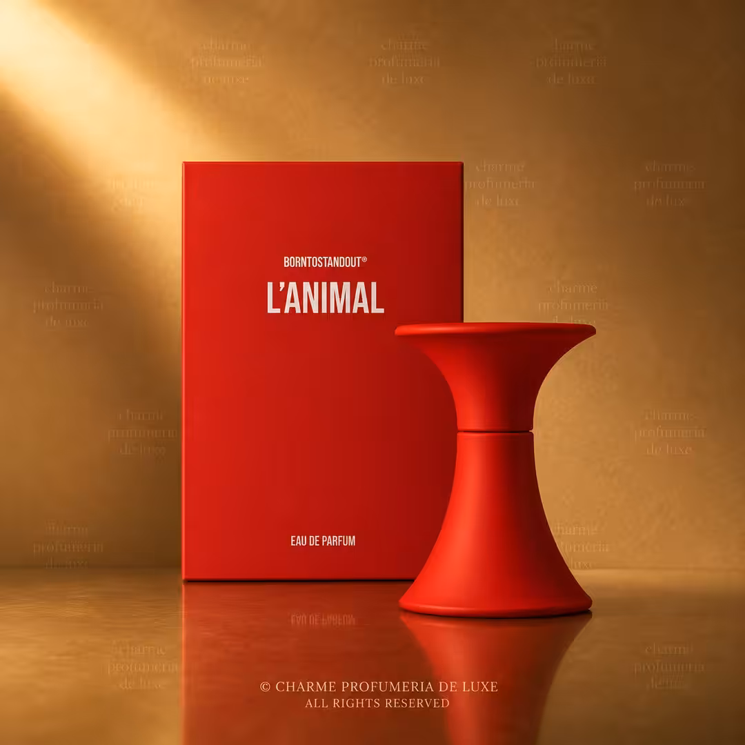 Borntostandout L’Animal Eau de Parfum 15 ml, packshot luxury con flacone rosso e confezione su sfondo oro champagne