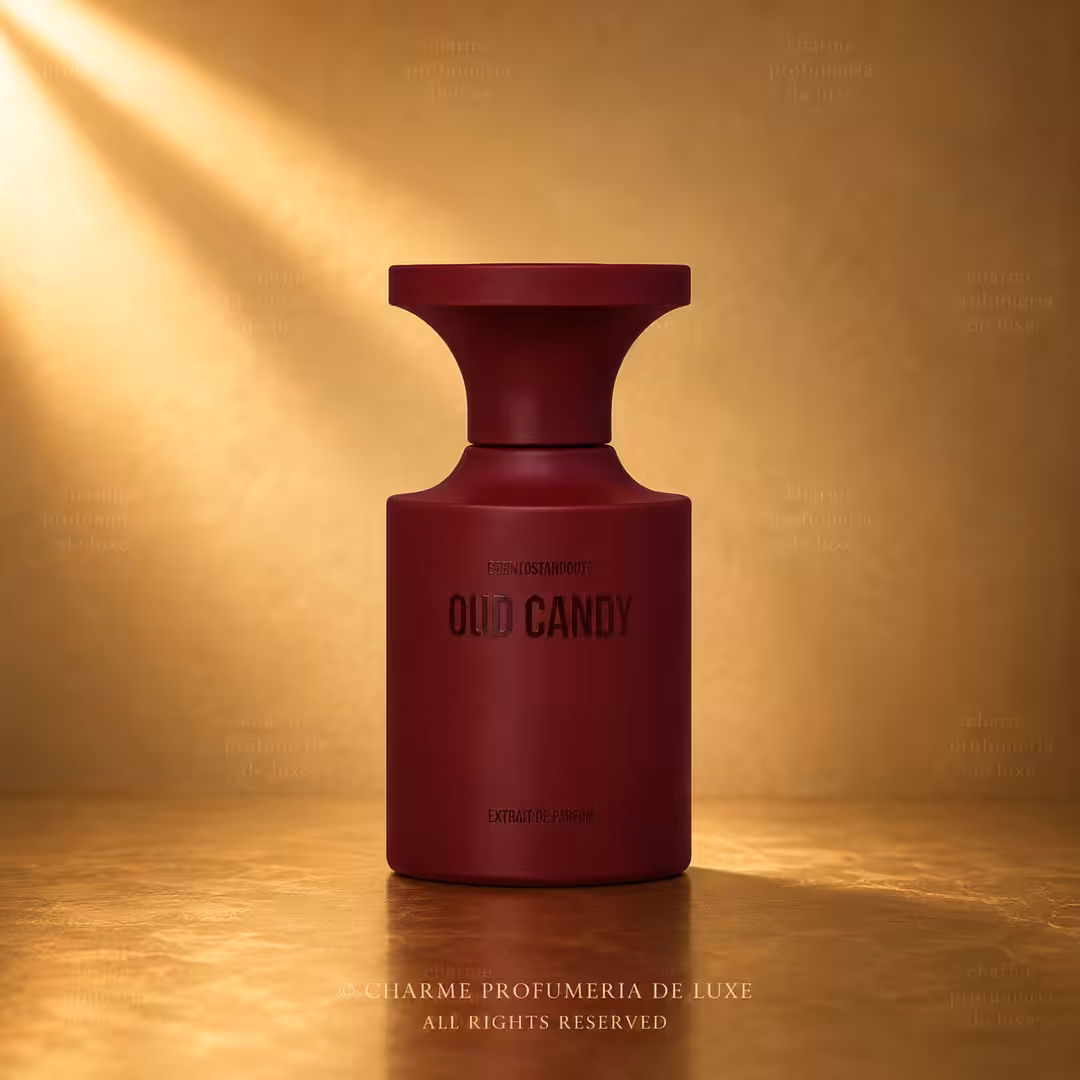 Borntostandout Oud Candy Extrait Extreme 50 ml, profumo di nicchia in packshot luxury su sfondo oro champagne per Charme Profumeria