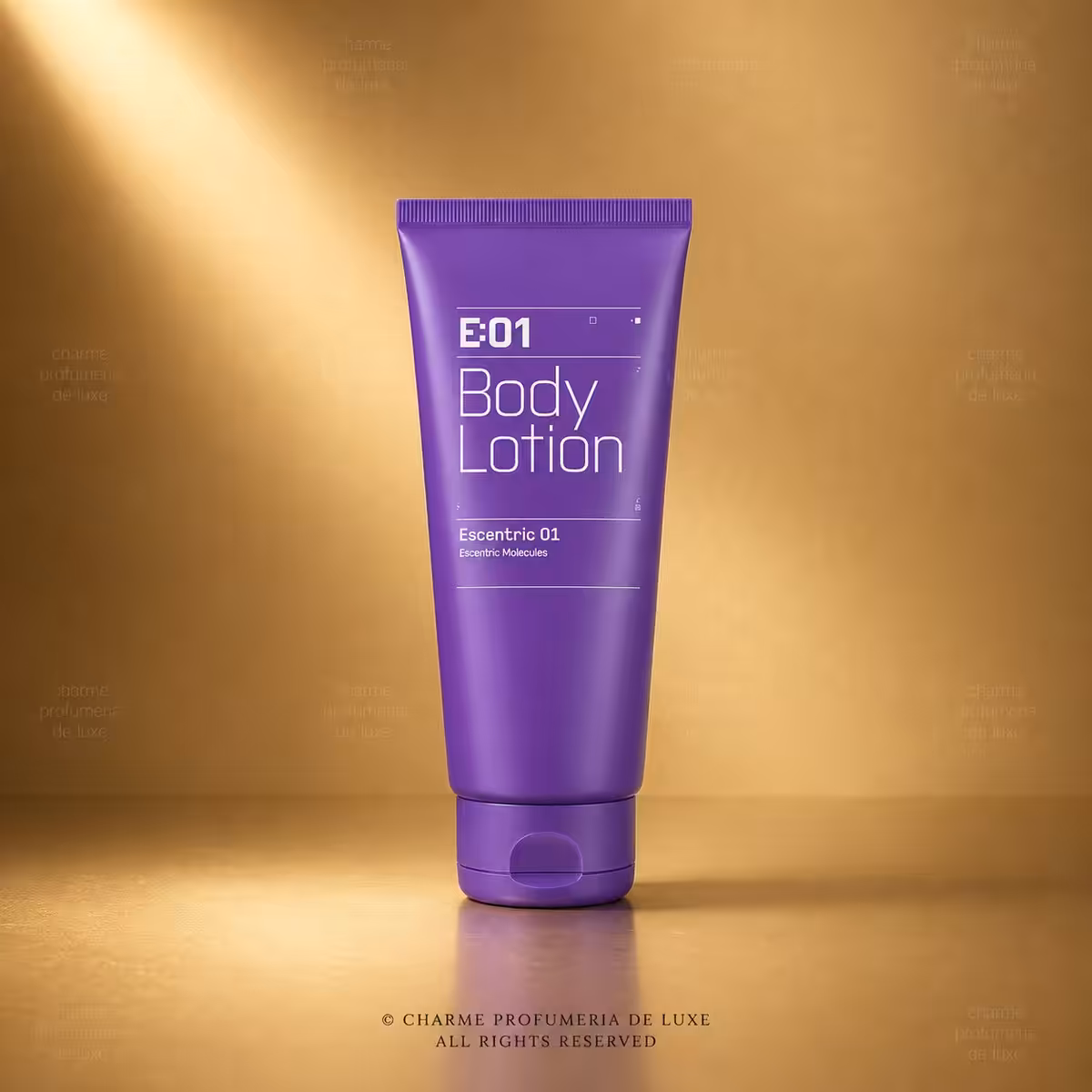 Purple E:01 Body Lotion tube standing upright on a gold surface with white branding text visible on the label