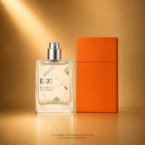Escentric Molecules Escentric 02 ricaricabile 30 ml con astuccio arancione, profumo di nicchia su sfondo luxury dorato Charme Profumeria de Luxe