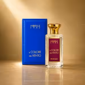 Nobile 1942 Il Colore del Vento Profumo 75 ml, fragranza di nicchia con flacone e confezione blu in packshot premium su sfondo dorato