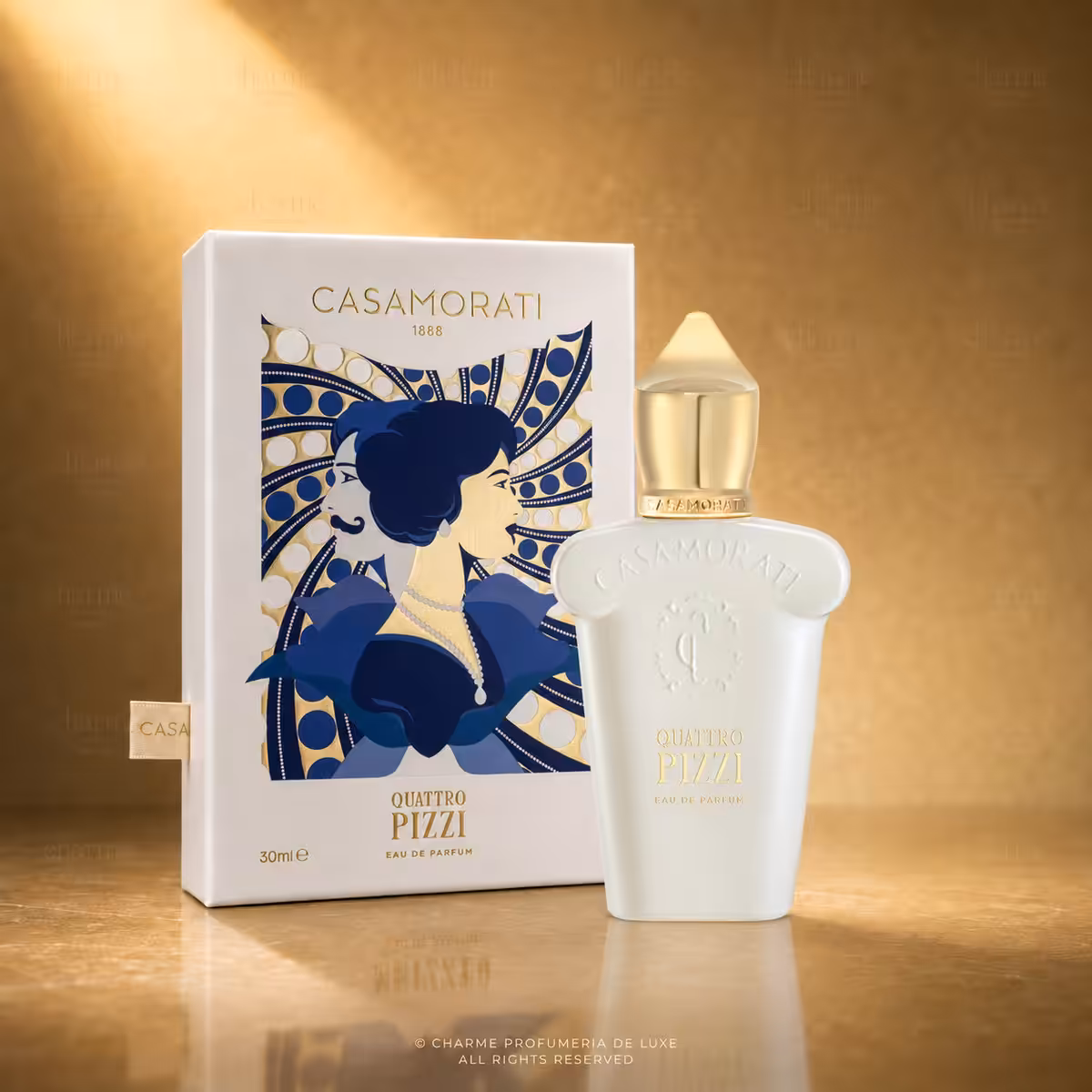Xerjoff Casamorati Quattro Pizzi Eau de Parfum 30 ml con confezione, profumo di nicchia su sfondo luxury dorato Charme Profumeria