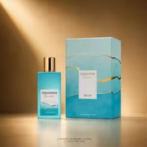 Salum CocoOyster Bananita 50 ml, flacone turchese con scatola coordinata su elegante sfondo champagne.