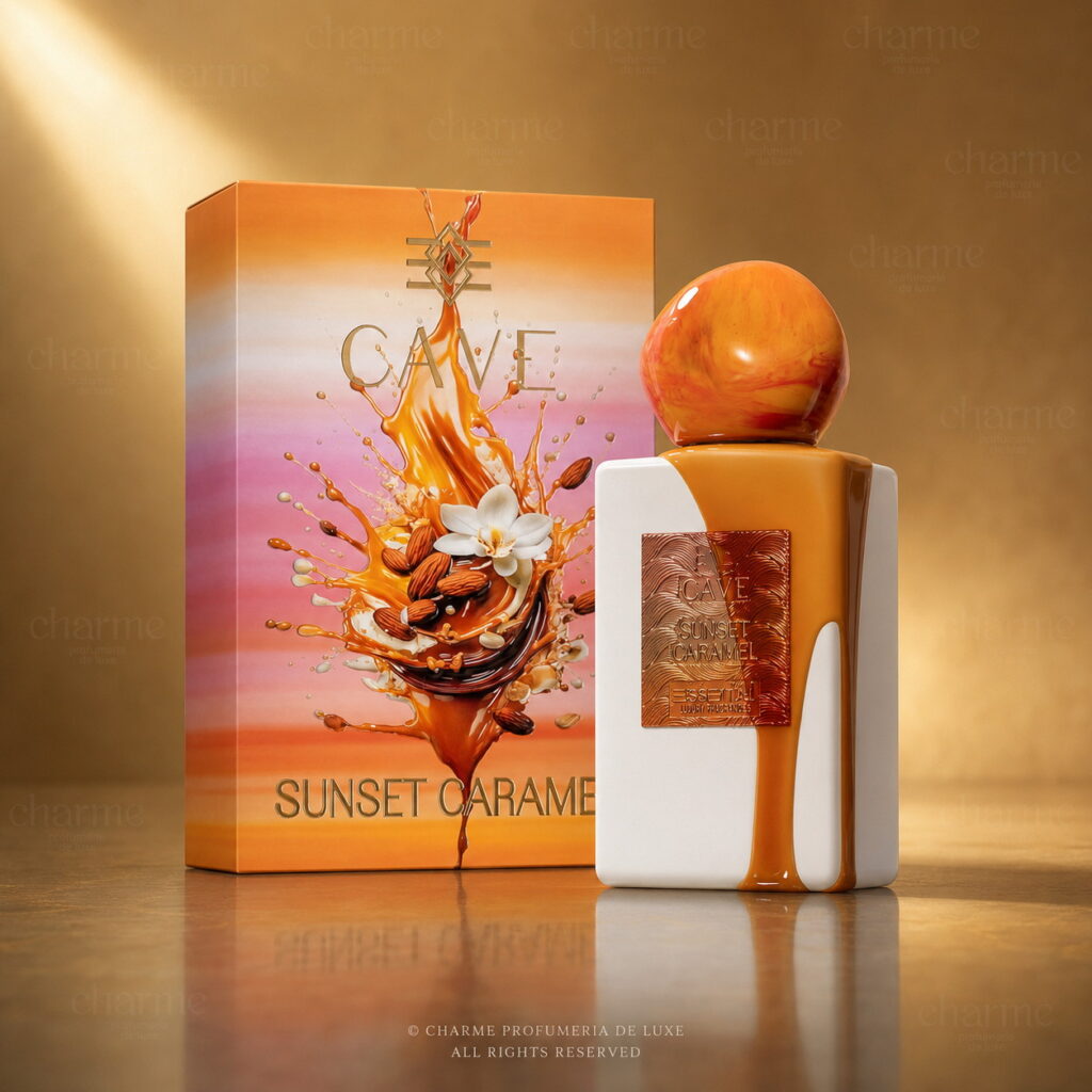 CAVE Sunset Caramel Essential Luxury Parfum con confezione, profumo di nicchia gourmand con flacone bianco e dettagli caramello - Charme Profumeria