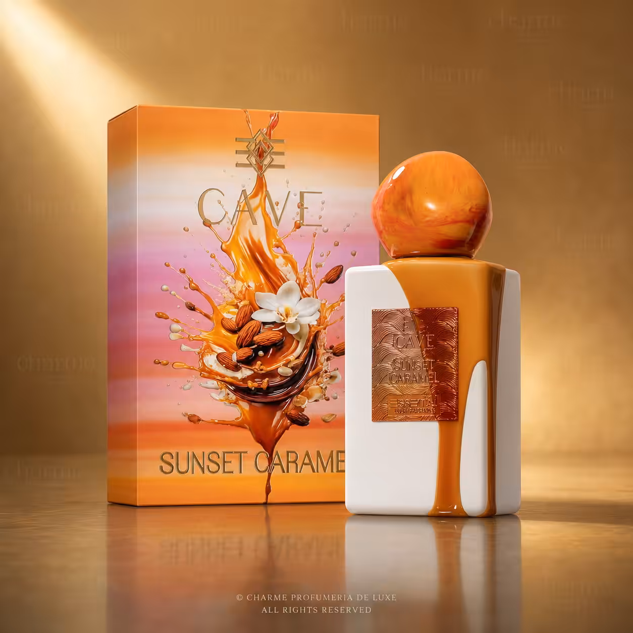 CAVE Sunset Caramel Essential Luxury Parfum con confezione, profumo di nicchia gourmand con flacone bianco e dettagli caramello - Charme Profumeria
