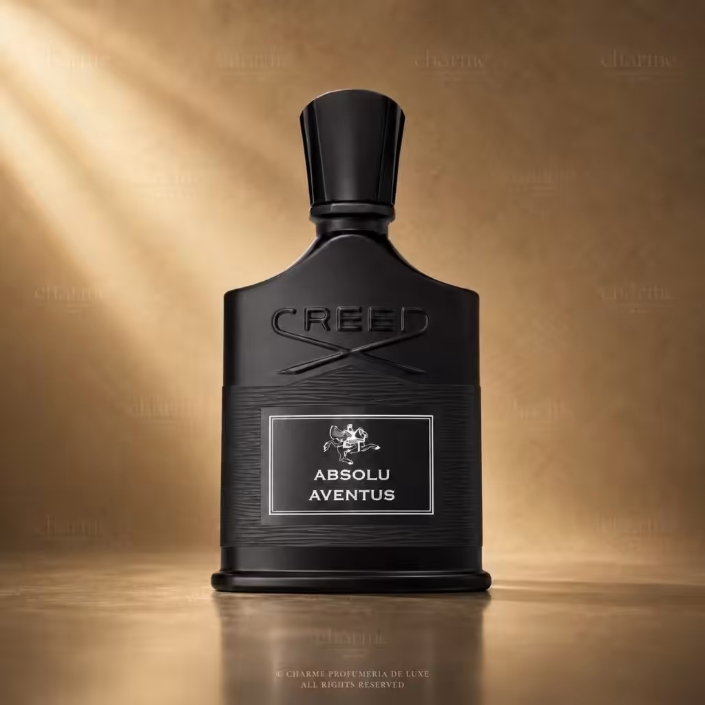 Creed Absolu Aventus profumo uomo, flacone nero in packshot luxury su sfondo dorato.