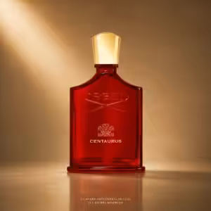 Creed Centaurus profumo unisex, flacone rosso in packshot luxury su sfondo dorato.