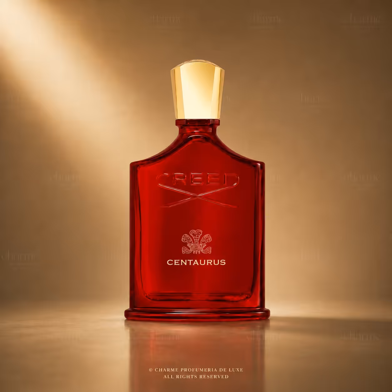 Creed Centaurus profumo unisex, flacone rosso in packshot luxury su sfondo dorato.