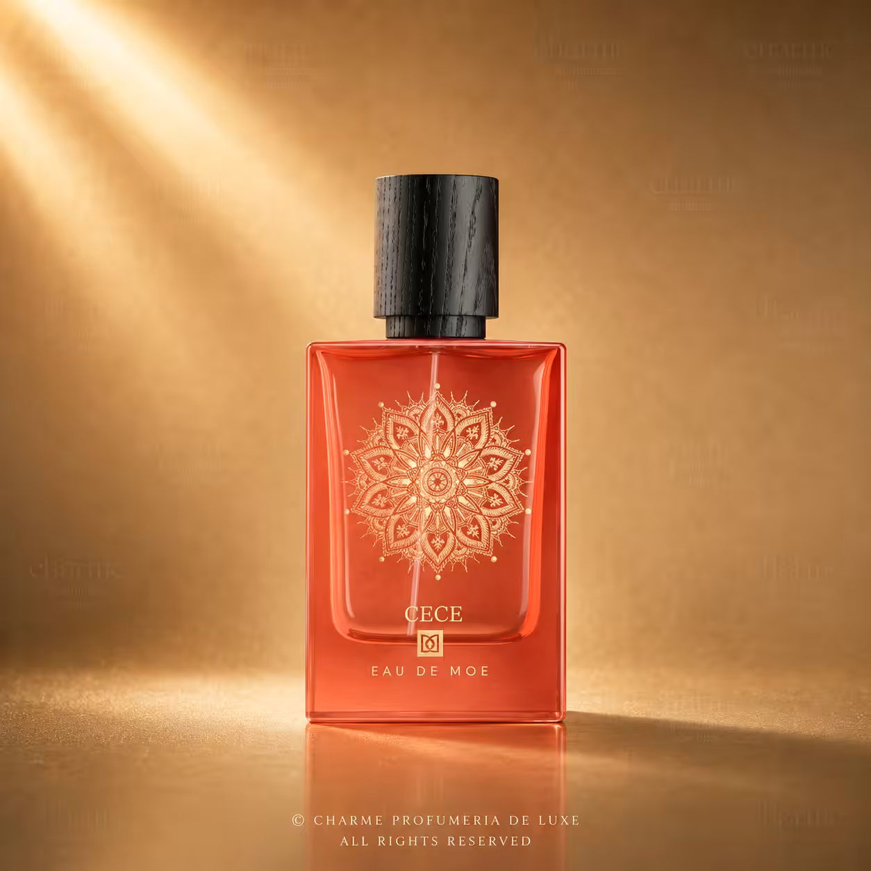 Eau de Moe Cece, profumo di nicchia in flacone rosso corallo, packshot luxury e-commerce Charme Profumeria