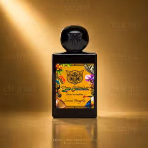 Lorenzo Pazzaglia Que Chimba! Extrait de Parfum 50 ml, flacone nero con etichetta gialla su sfondo dorato Charme Profumeria de Luxe