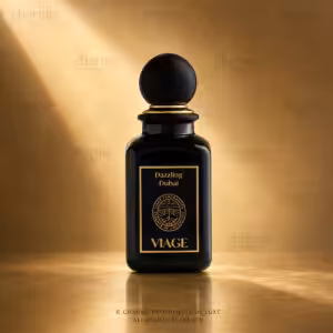Viage Dazzling Dubai Extrait de Parfum 100 ml, flacone nero con dettagli oro su sfondo dorato Charme Profumeria de Luxe