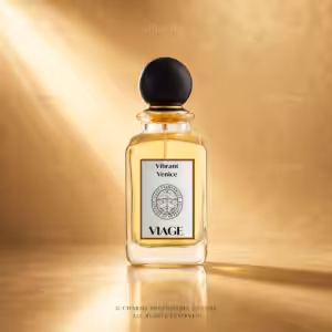 Viage Vibrant Venice Extrait de Parfum 100 ml, flacone in vetro trasparente con tappo nero su sfondo dorato Charme Profumeria de Luxe