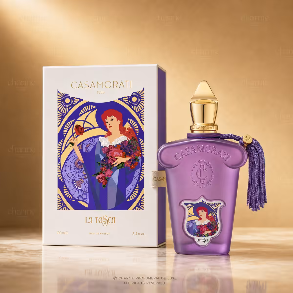 Xerjoff Casamorati La Tosca Eau de Parfum 100 ml con confezione, profumo di nicchia floreale su sfondo luxury dorato Charme Profumeria