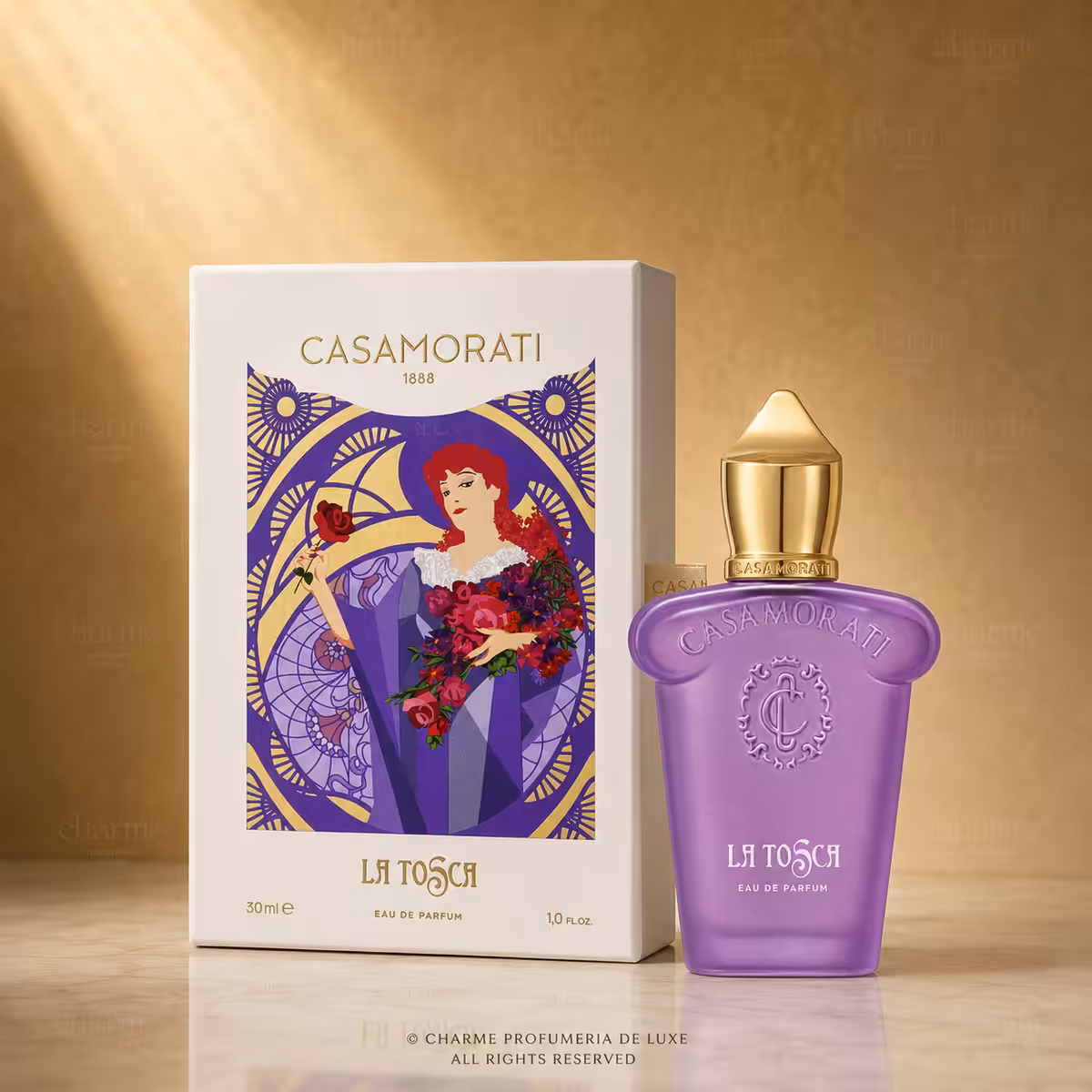 Xerjoff Casamorati La Tosca Eau de Parfum 30 ml con confezione, profumo di nicchia floreale su sfondo luxury dorato Charme Profumeria