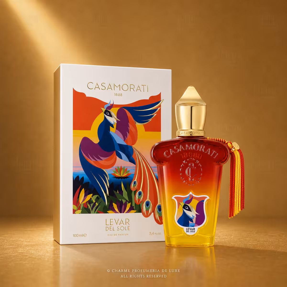 Xerjoff Casamorati Levar del Sole Eau de Parfum 100 ml con confezione, profumo di nicchia su sfondo luxury dorato Charme Profumeria