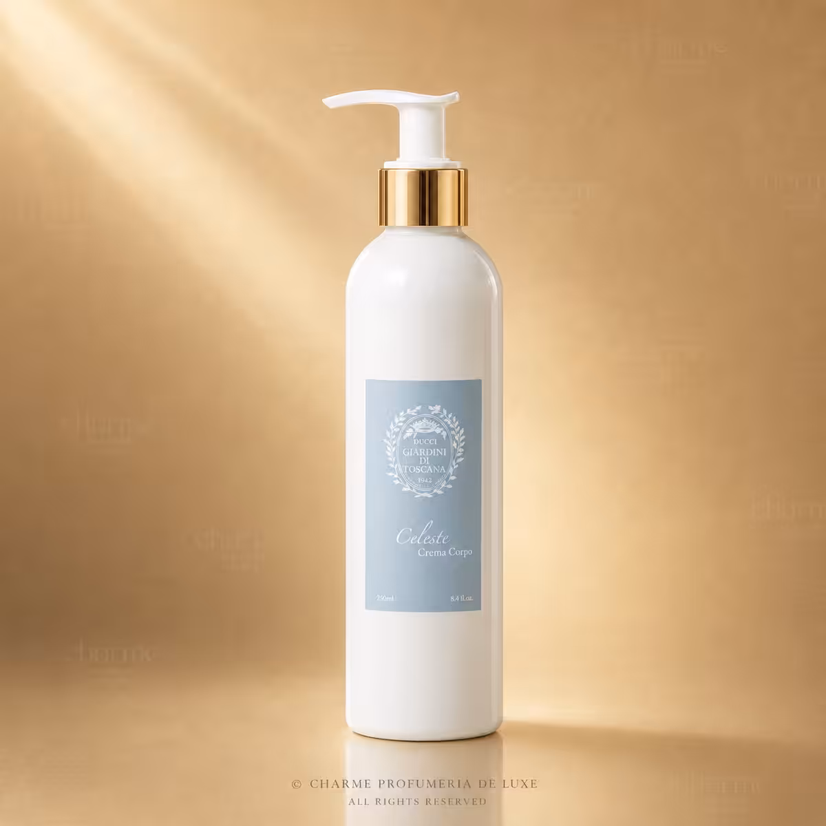 Giardini di Toscana Celeste Crema Corpo 250 ml, crema corpo profumata di nicchia su sfondo luxury dorato Charme Profumeria