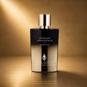 Bottle of Apricot Innocence perfume by Simone Andreoli, black-to-gold gradient with gold cap, elegant luxury backdrop.