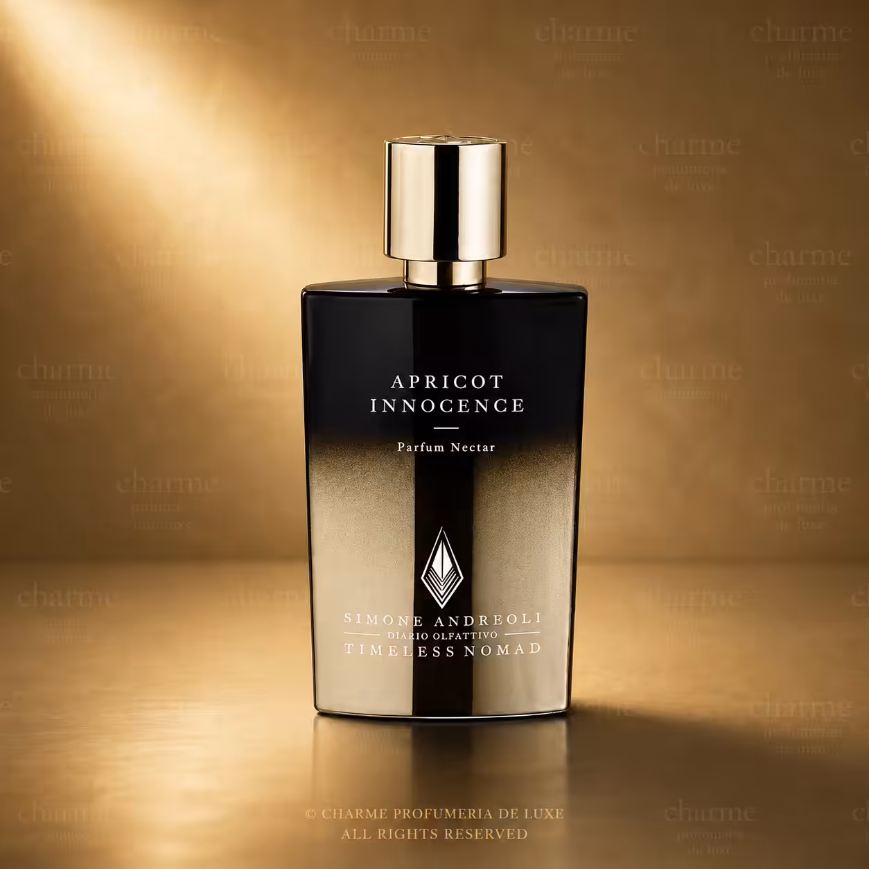 Bottle of Apricot Innocence perfume by Simone Andreoli, black-to-gold gradient with gold cap, elegant luxury backdrop.
