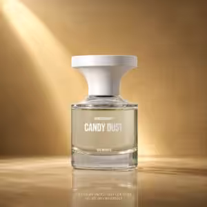 Borntostandout Candy Dust Eau Intimité 100 ml, packshot luxury profumo di nicchia su sfondo oro champagne per Charme Profumeria