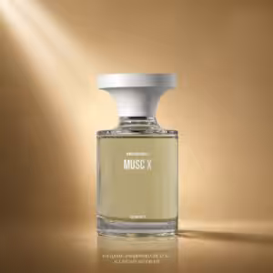 Borntostandout Musc X Eau Intimité 100 ml, profumo di nicchia in packshot luxury su sfondo oro champagne per Charme Profumeria de Luxe