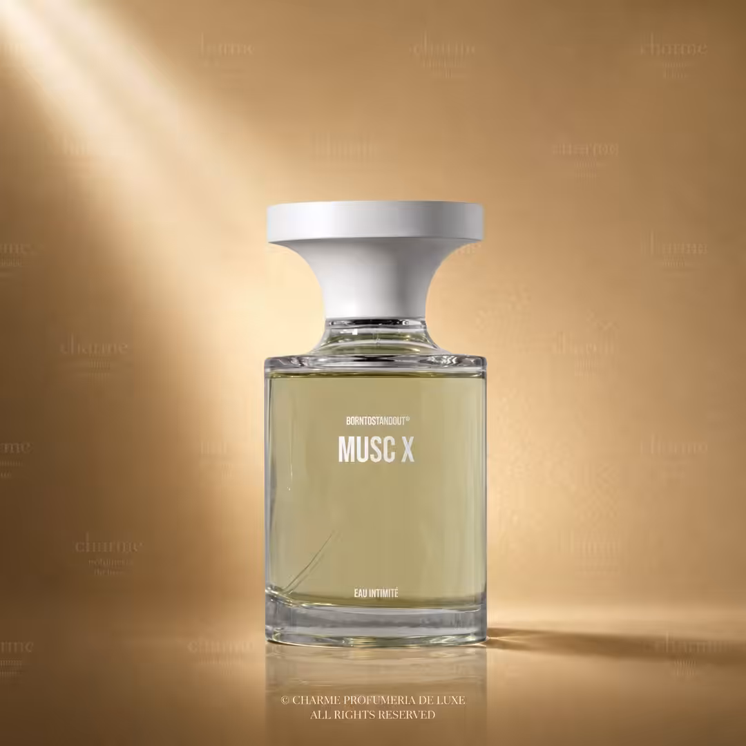 Borntostandout Musc X Eau Intimité 100 ml, profumo di nicchia in packshot luxury su sfondo oro champagne per Charme Profumeria de Luxe