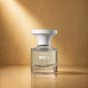 Borntostandout Musc X Eau Intimité 30 ml, flacone profumo di nicchia in packshot premium con sfondo dorato luxury