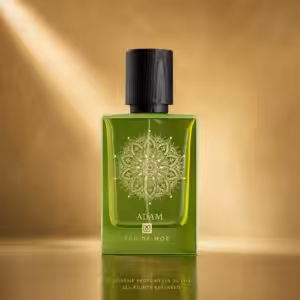 Eau de Moe Adam, profumo di nicchia in flacone verde elegante, packshot luxury e-commerce Charme Profumeria