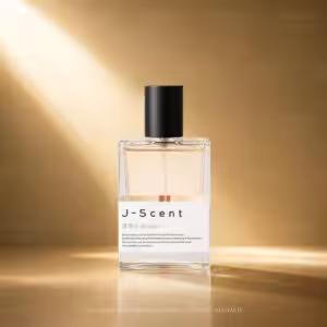Clear glass perfume bottle with a black cap, label reads 'J-Scent' and 'Rakugan' (Japanese characters), set against a warm gold background.