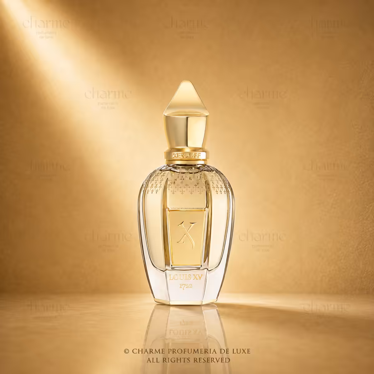 Xerjoff Blend De Venoge Louis XV Rosé 50 ml, profumo luxury Xerjoff con flacone dorato su sfondo premium