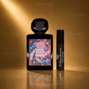 Lorenzo Pazzaglia Pink Milk Extrait de Parfum 50 ml con travel spray Coffeee Passion su sfondo dorato Charme Profumeria de Luxe