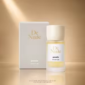 Perfume bottle with frosted glass and white cap beside a gray box labeled 'De Nude' in gold text.