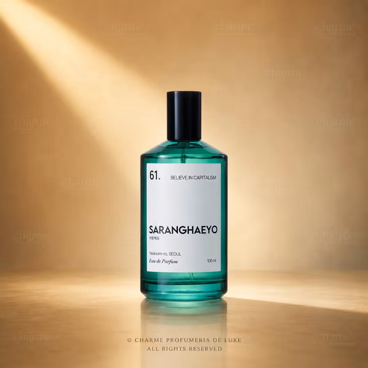 Saranghaeyo 61 Believe in Capitalism Eau de Parfum 100 ml, profumo di nicchia in flacone verde su sfondo luxury Charme Profumeria